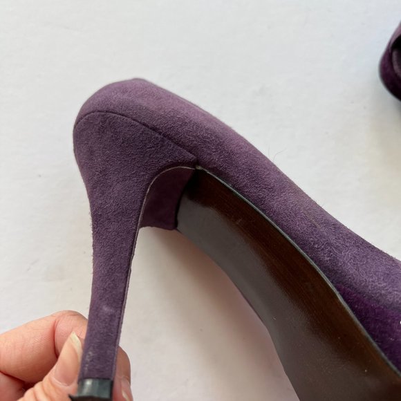 Stuart Weitzman Purple Suede Peep Toe Folded Bow Stiletto Pumps - Picture 16 of 16